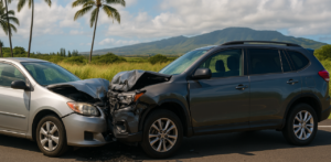Head-on collision between SUV and sedan on scenic road with palm trees and mountains in the background
