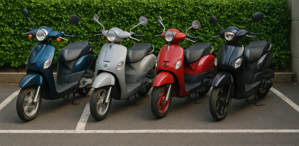 Four scooters of different colors parked in a row in a marked lot with green hedges in the background