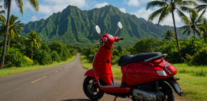 Red scooter parked roadside with lush tropical mountains and palm trees in the background