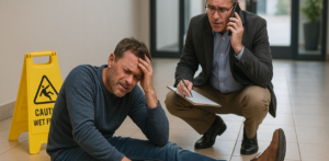Injured man sits near “Caution Wet Floor” sign as another man makes a call and takes notes after a slip and fall
