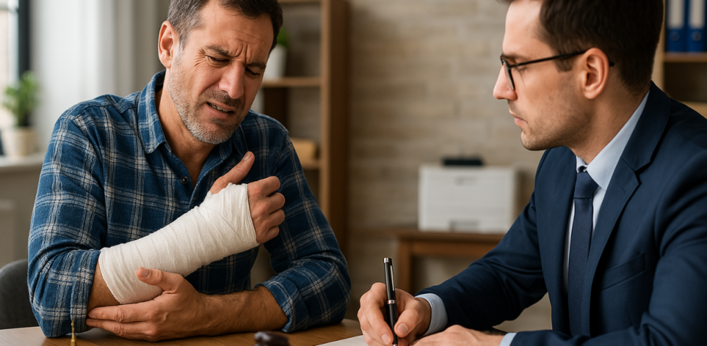 Man with arm in cast grimaces in pain while consulting a personal injury attorney across a desk