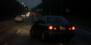 Car drives on a dimly lit highway at night, emphasizing the importance of visibility and night driving safety