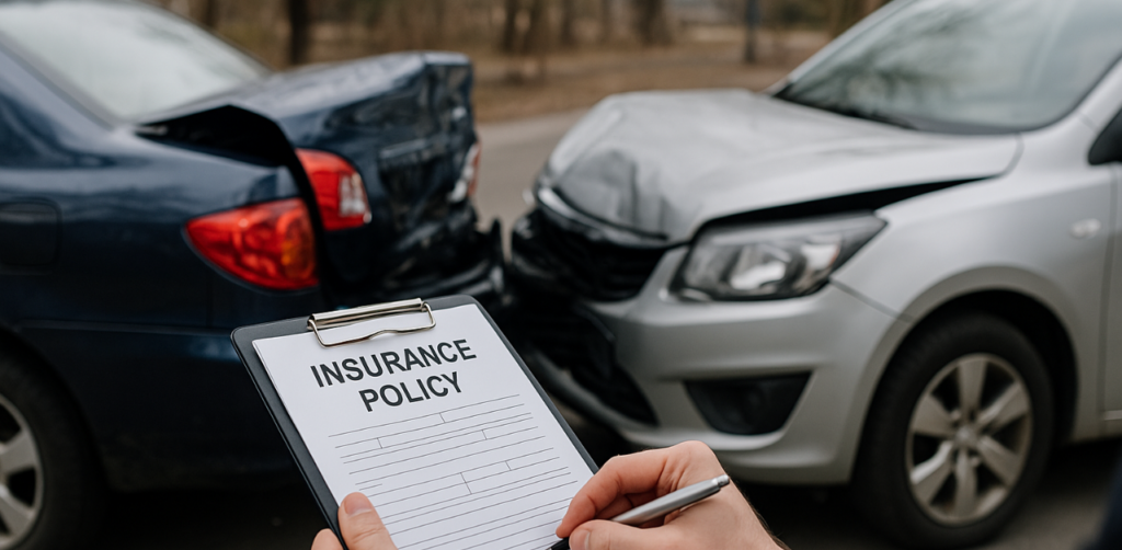 Person holding an insurance policy form at a two-car crash scene, preparing to file a car insurance claim
