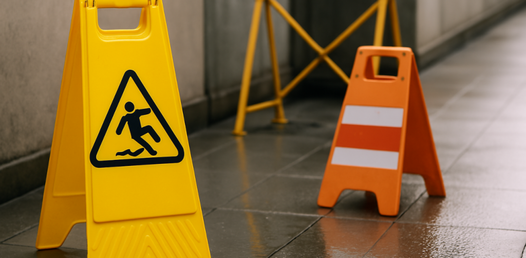 Wet floor warning signs placed on a shiny tile hallway to alert pedestrians of a slip and fall hazard