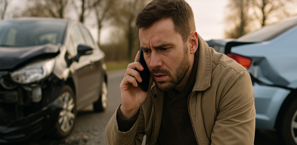 Worried man calls for help after a car crash, sitting between two damaged vehicles on a roadside