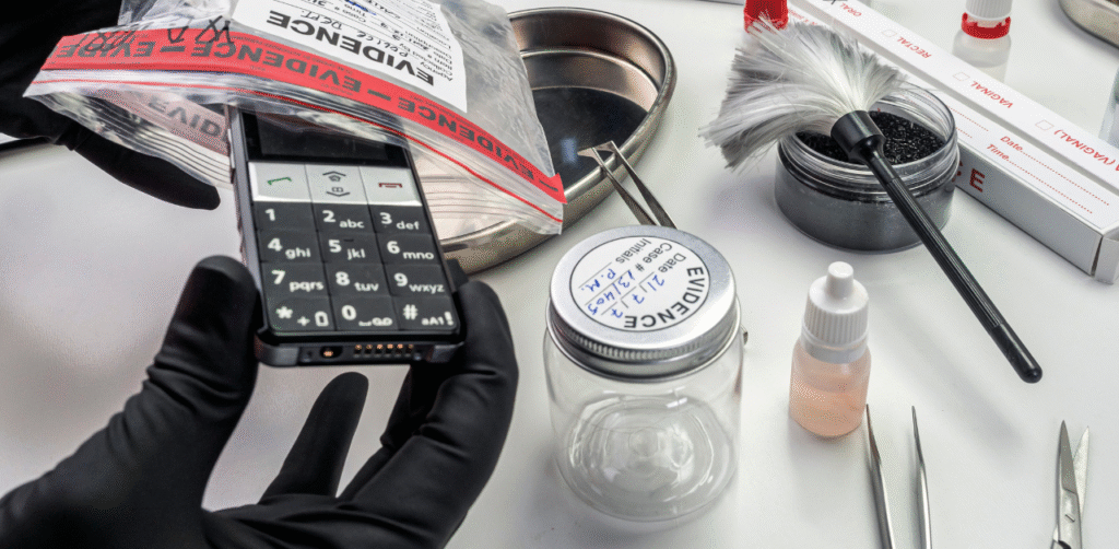 Forensic investigator documenting mobile phone evidence at crime scene lab