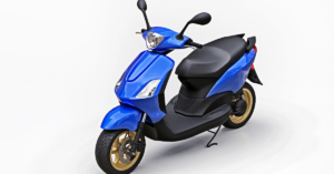 A blue scooter with gold rims is displayed against a plain white background