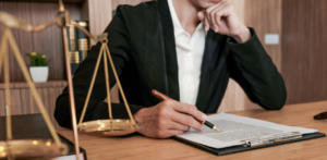Person in a black suit reviewing a legal document on a clipboard, with scales of justice visible on the desk
