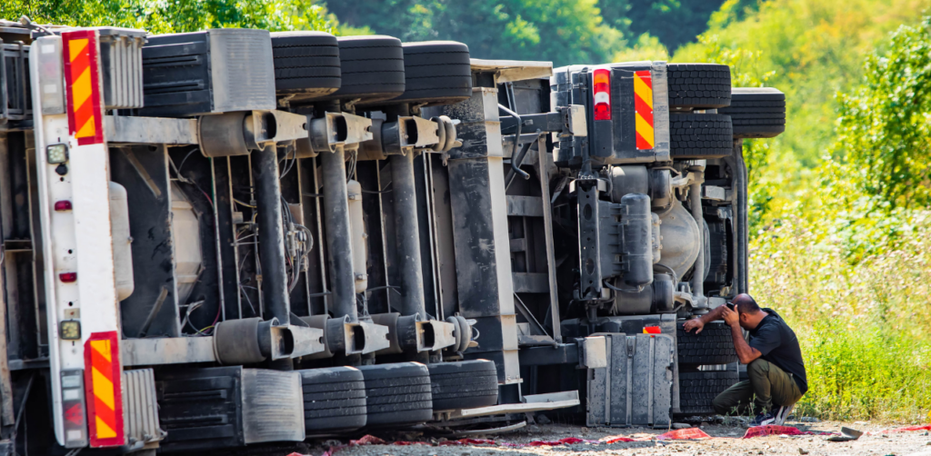Overturned truck lies on its side, with a man inspecting the damage in a grassy area near a road