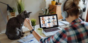 Person on video call with coworkers, petting a gray cat sitting beside the laptop