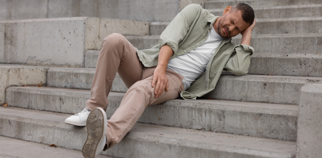Injured man sitting on outdoor concrete stairs, holding his leg in pain after a fall, possibly from negligence