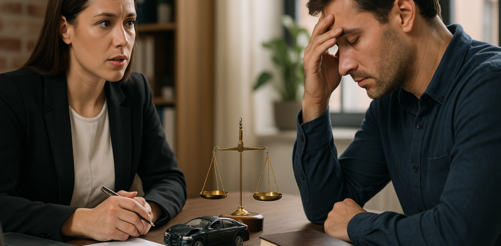 A man consults a female car accident attorney, stressed, with justice scales and a toy car on the desk