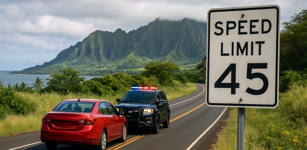 A police SUV pulls over a red car on a scenic highway near a 45 mph speed limit sign and lush mountains