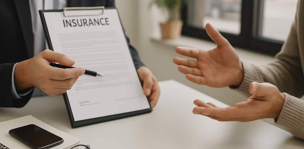 Insurance agent shows clipboard with policy to client discussing coverage options and claim responsibilities