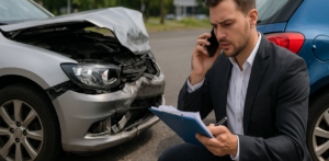Man in suit reports car crash damage on phone while reviewing accident documents beside wrecked vehicles