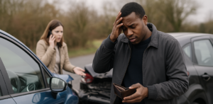 Man stressed holding wallet after car accident while woman calls for help beside damaged vehicles