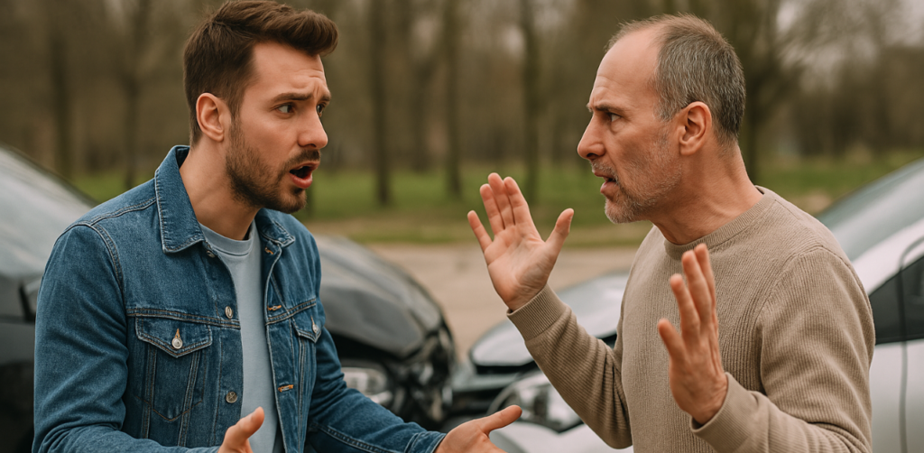 Two men argue beside damaged cars after a collision, showing tension and dispute over a car accident