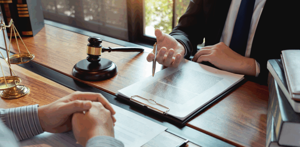 Lawyer and client discussing legal documents at a desk with a gavel, scales of justice, and contract paperwork