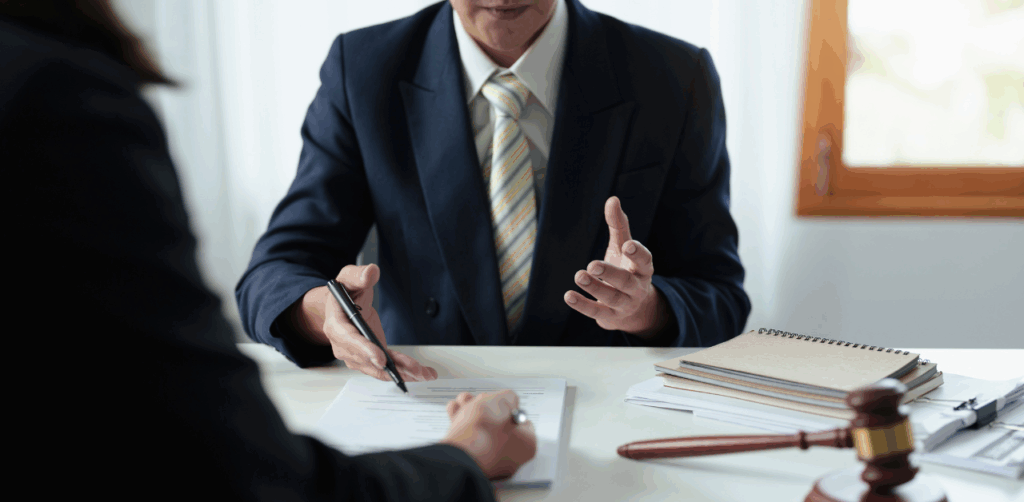 Lawyer in a suit discussing legal documents with a client at a desk, with a gavel and notepads nearby