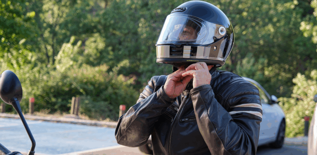 Man in motorcycle gear fastening his helmet strap in a parking lot with greenery and a car in the background