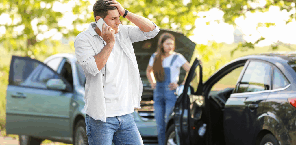 Man on the phone looking distressed after a car accident, with two damaged vehicles and a woman in the background