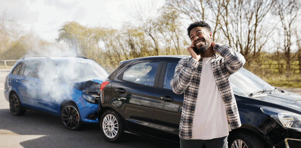 Distressed man clutches his neck while on the phone beside two damaged cars after a rear-end collision, with smoke rising from one vehicle’s hood