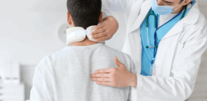 Doctor fits neck brace on injured patient, emphasizing post-crash care and pedestrian safety