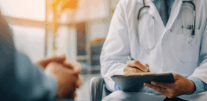Doctor writing notes while listening to a patient during a mental health consultation