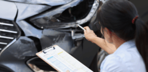 Insurance adjuster inspecting car damage to process an auto insurance claim
