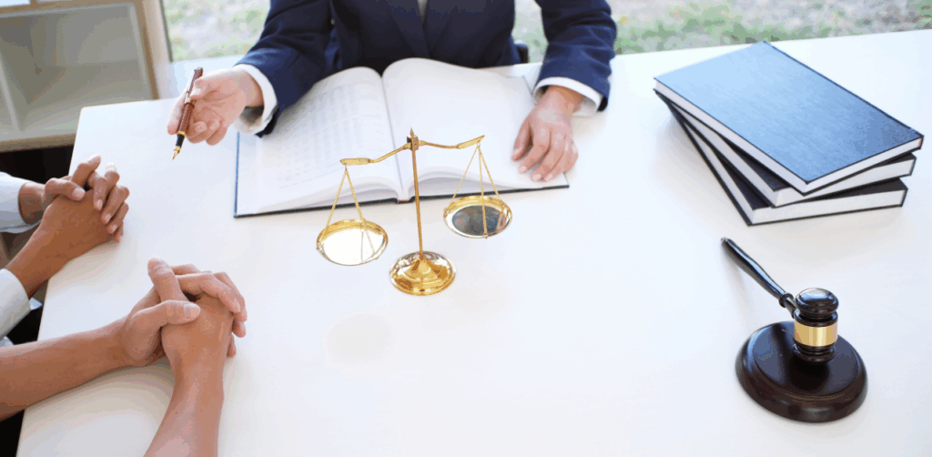 Lawyer consulting clients with legal books, gavel, and justice scale on desk