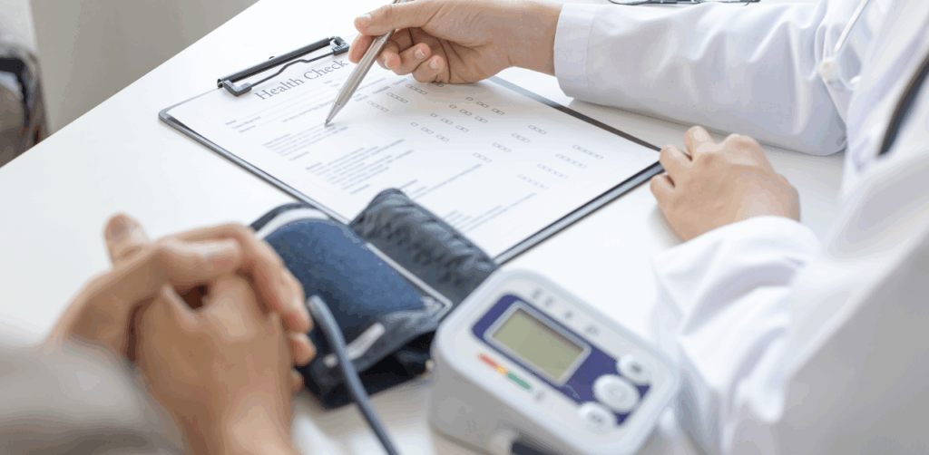 Doctor discussing health check results with a patient using a checklist