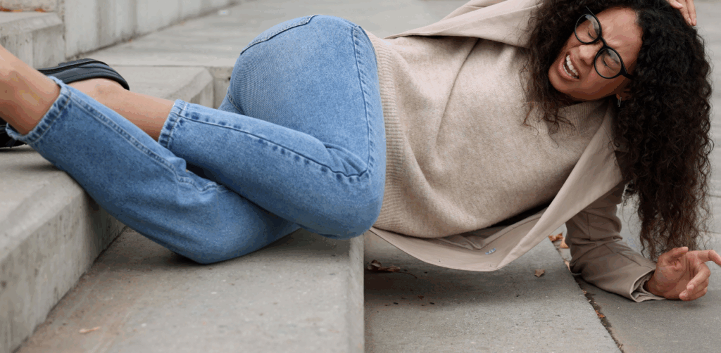 Woman in pain after slipping and falling on outdoor concrete steps