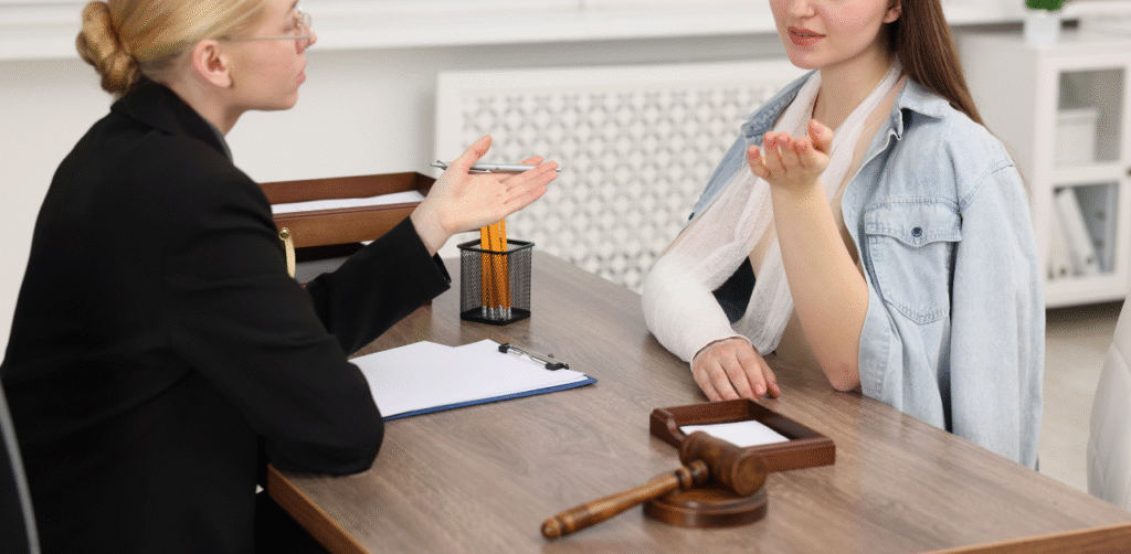 Injured woman with arm in sling consulting lawyer at desk with gavel, discussing personal injury claim after accident