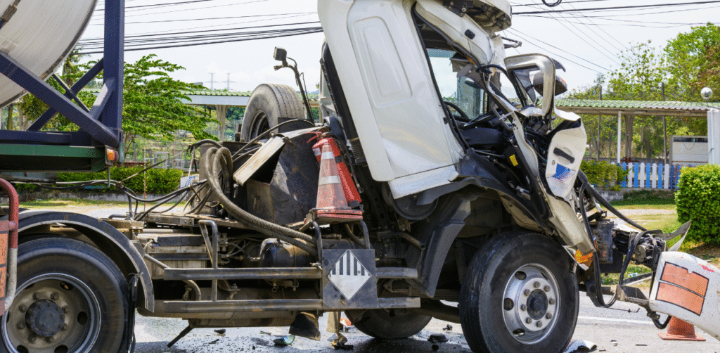 Severely damaged white truck after crash, showing heavy vehicle accident and roadway collision impact