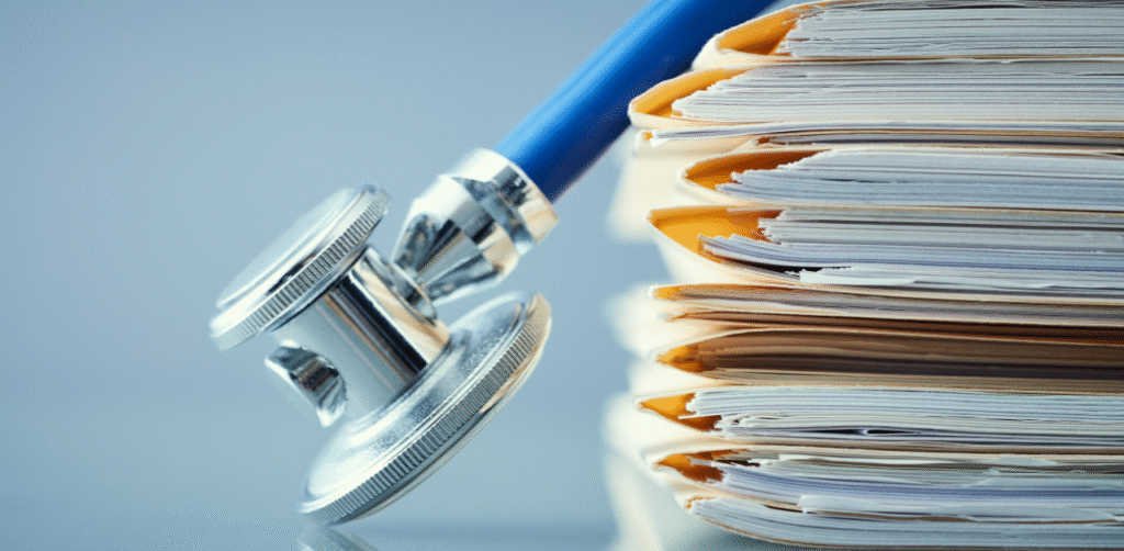 Stethoscope resting beside stacked medical files, symbolizing healthcare documentation and insurance claims